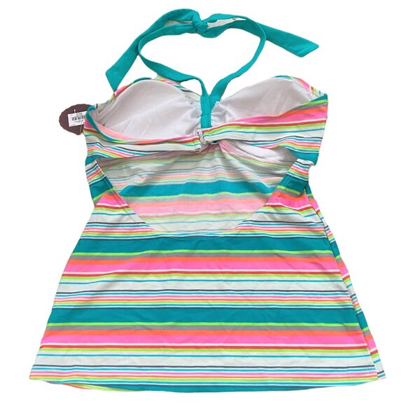 NEW SO Women's Swim Tankini Top Swimsuit Sz M Teal Pink Striped Halter - Picture 4 of 5
